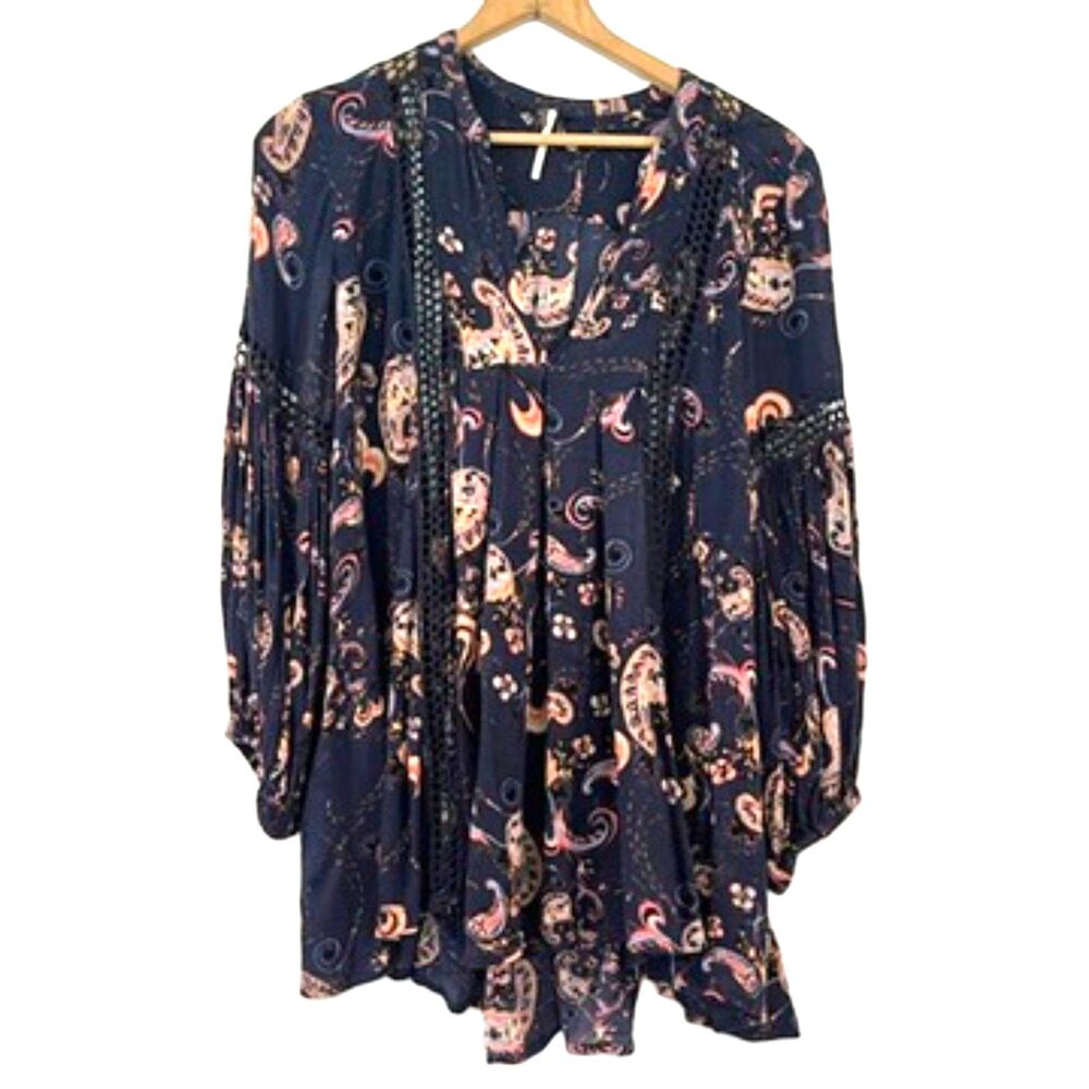 Free People Just the Two of Us Paisley Tunic Mini Boho Peasant Small Navy Blue - Picture 4 of 8